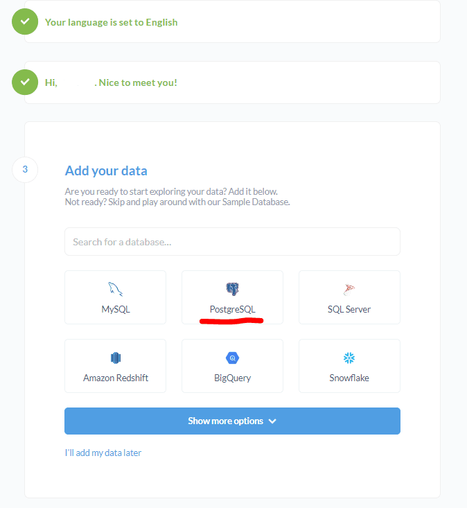 screen shot of adding postgres data to metabase