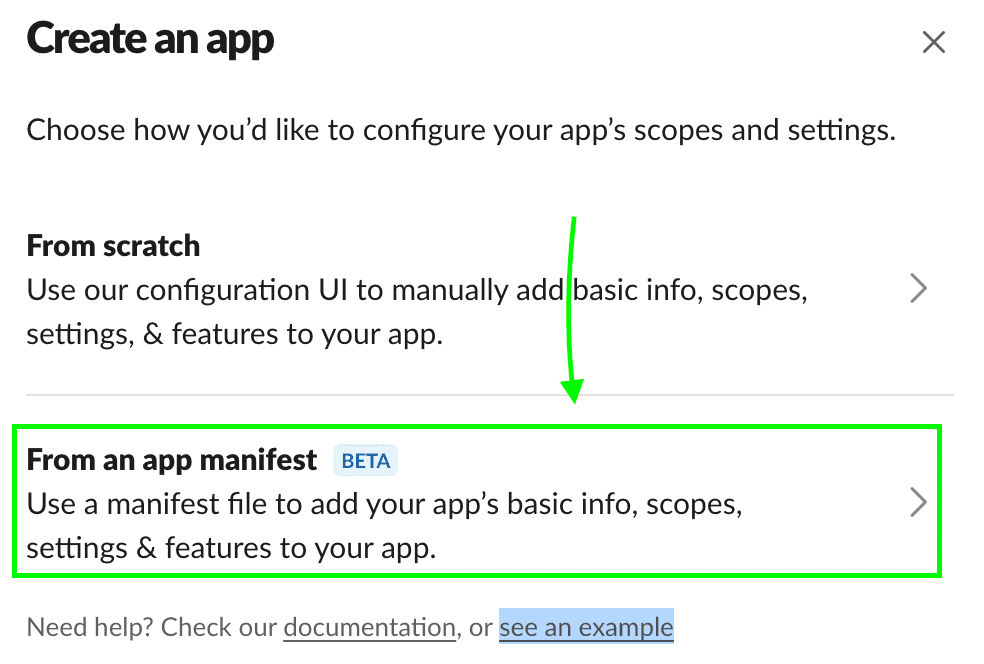 Green arrow pointing to the option ‘From an app manifest’ inside the “Create an app” menu.