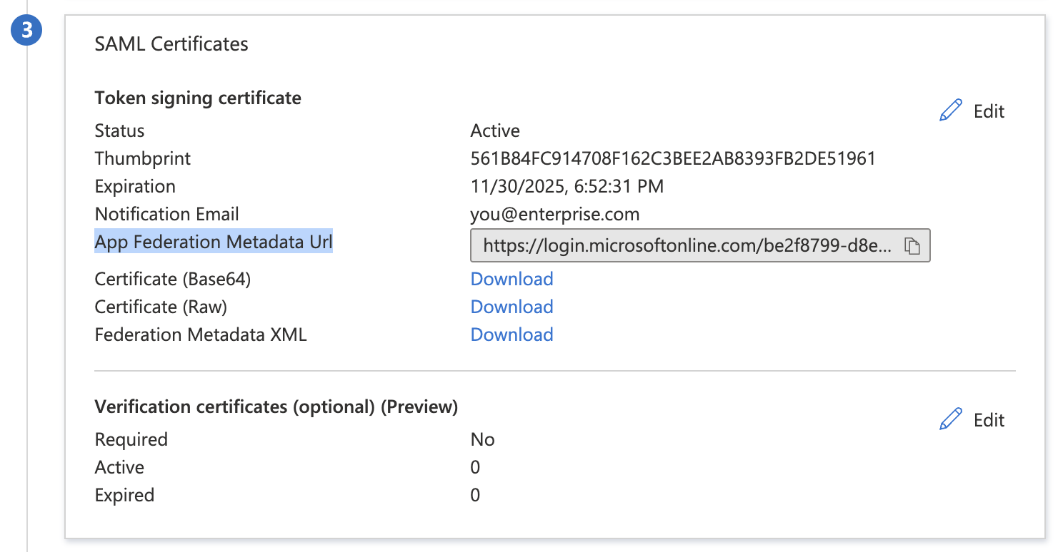 Azure AD console: Supabase application, SAML Certificates card shown, App Federation Metadata Url highlighted